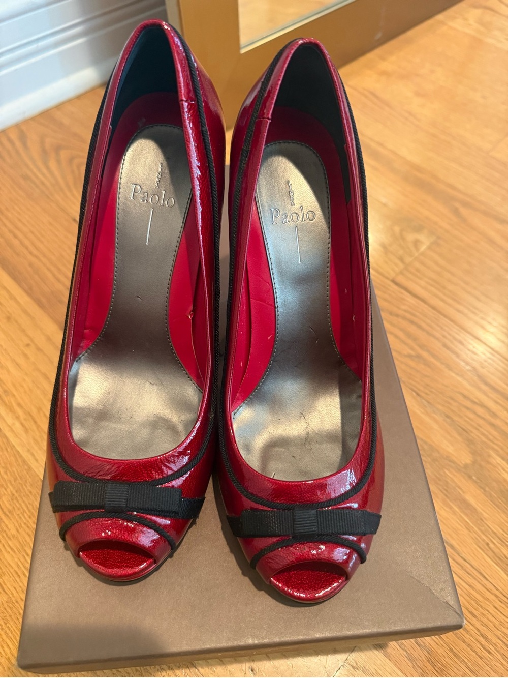 Never Been Worn Paolo Red Patent Peep-Toe Heels with Black Bow- size 7